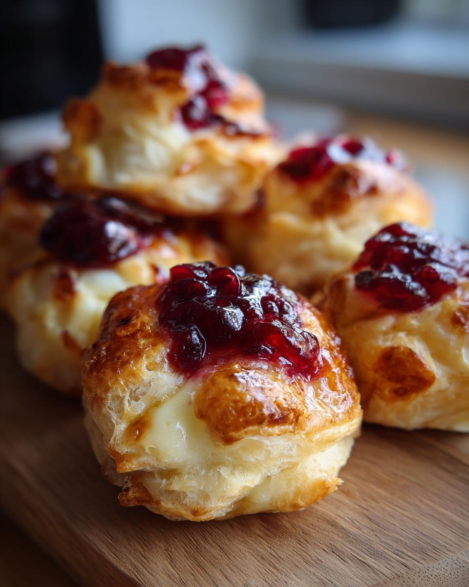 Close-up of delicious Mini Brie & Cranberry Bites in Puff Pastry, golden brown and topped with glistening cranberry sauce.