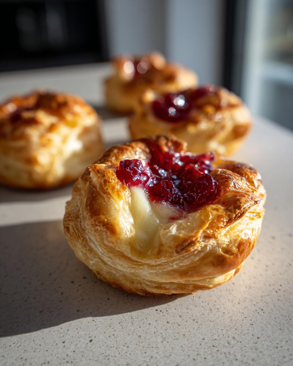 Close-up of a golden-brown Mini Brie & Cranberry Bite in Puff Pastry, with melted brie and cranberry filling.