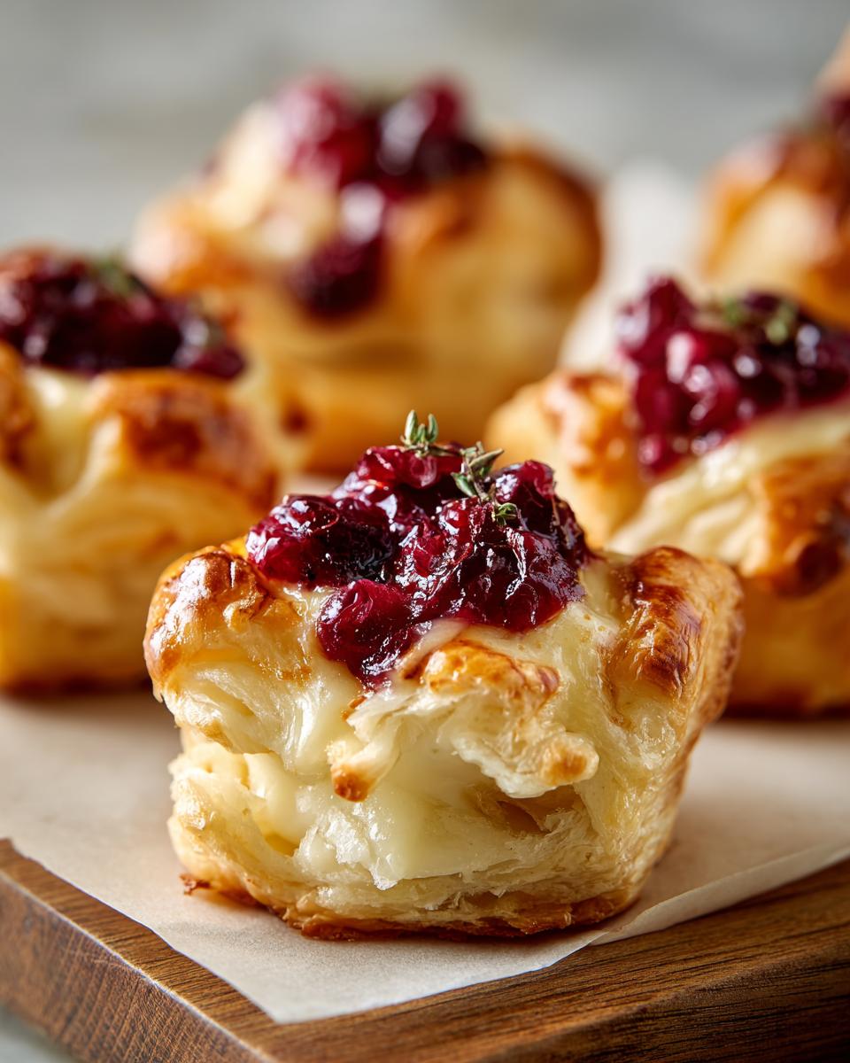 Close-up of a flaky puff pastry bite filled with melted brie and topped with cranberry sauce and a sprig of thyme.
