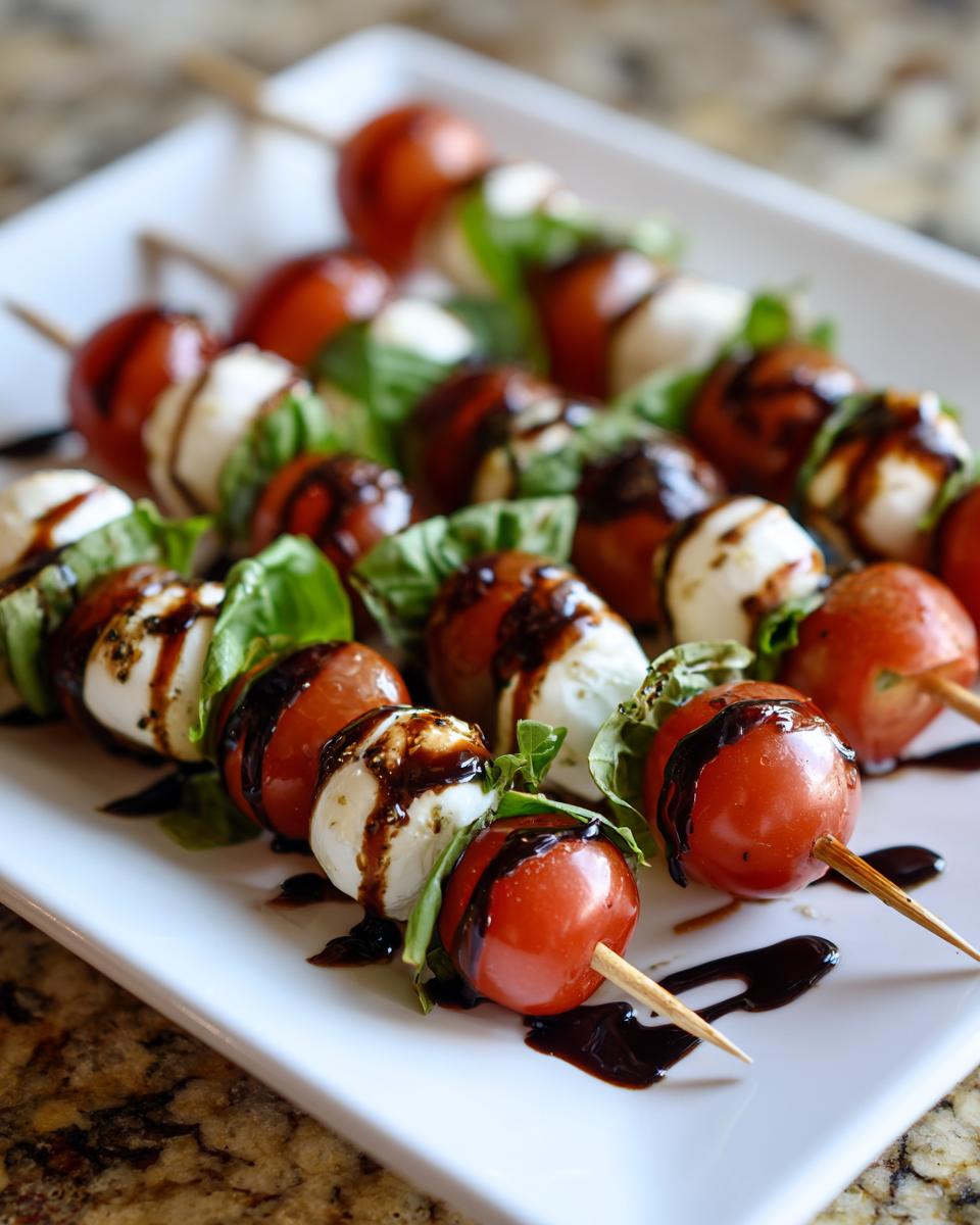 Close-up of Mini Caprese Skewers with Balsamic Glaze, featuring cherry tomatoes, mozzarella balls, and basil leaves.