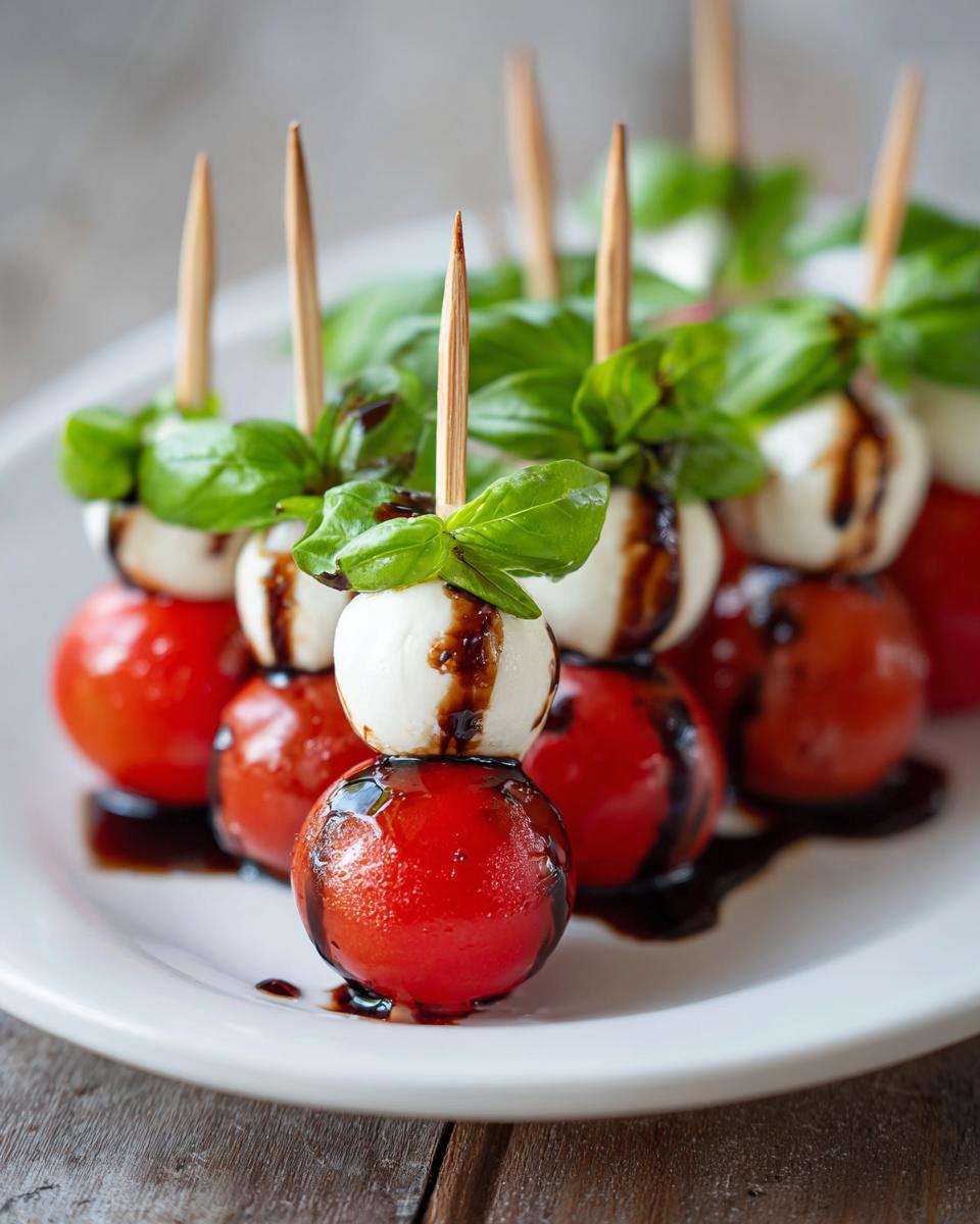 Close-up of Mini Caprese Skewers with Balsamic Glaze, featuring cherry tomatoes, mozzarella balls, and fresh basil.