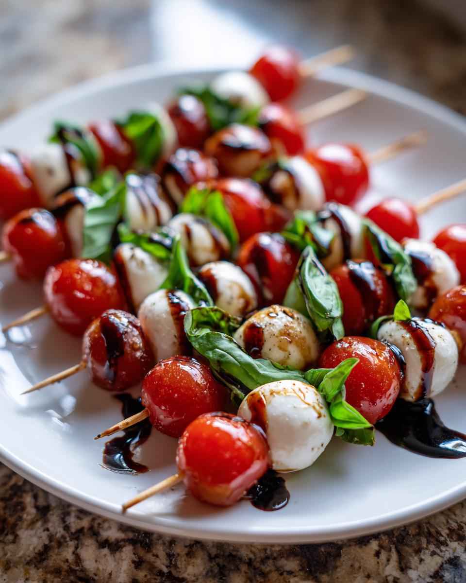 Close-up of Mini Caprese Skewers with Balsamic Glaze, featuring cherry tomatoes, mozzarella balls, and basil leaves.