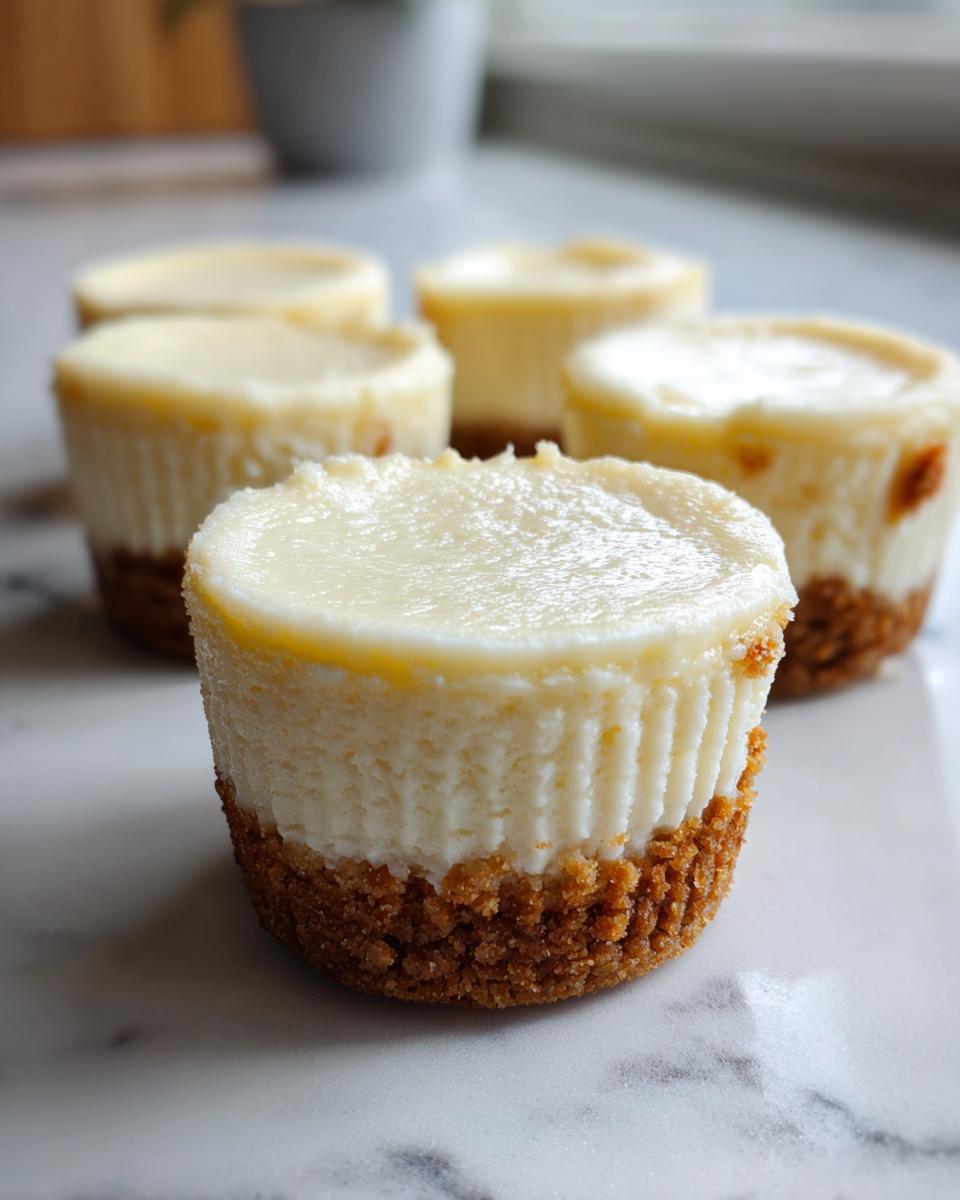Close-up of several Mini Cheesecake Bites with a graham cracker crust and creamy filling, perfect for a party dessert.