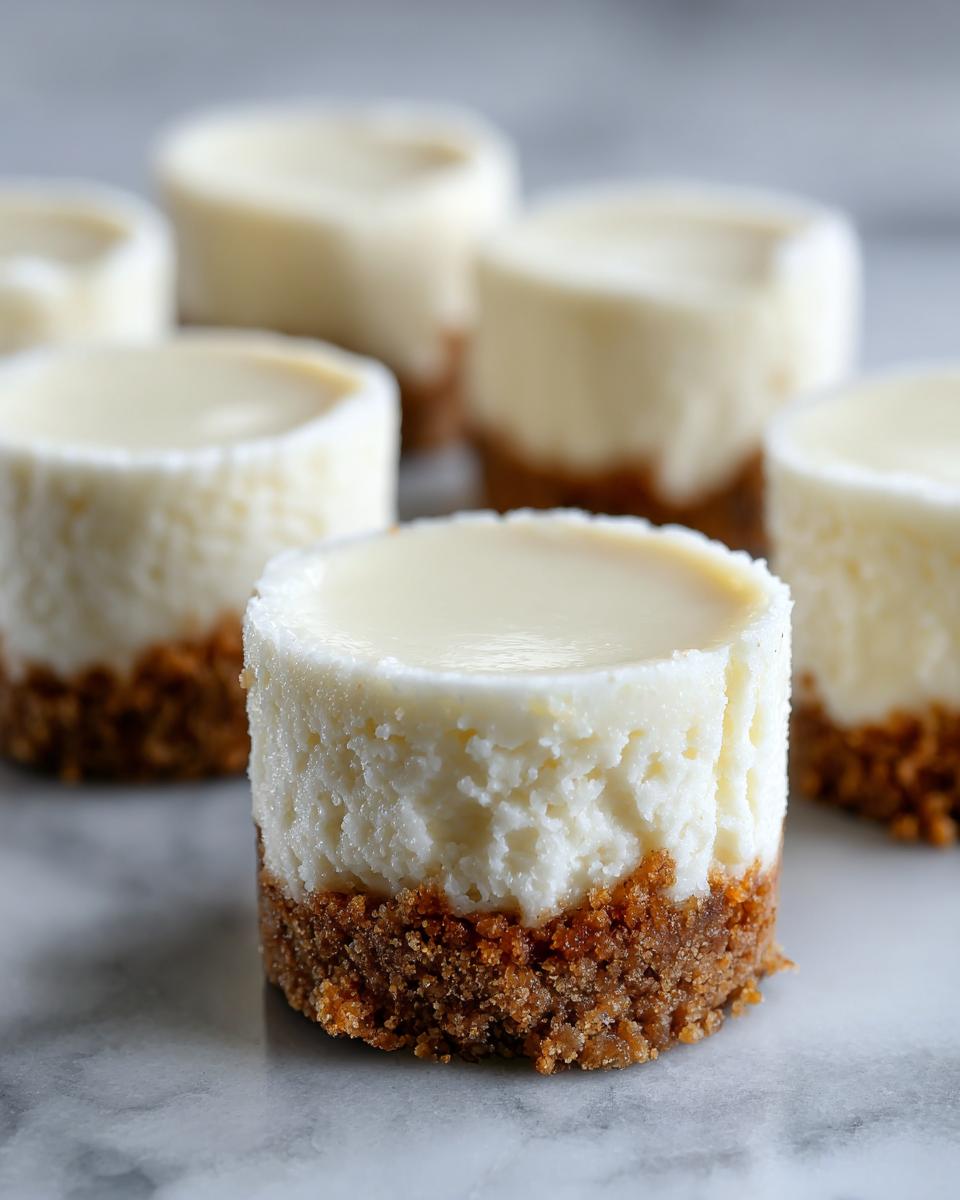 Close-up of several mini cheesecake bites with a graham cracker crust, perfect for a party dessert.