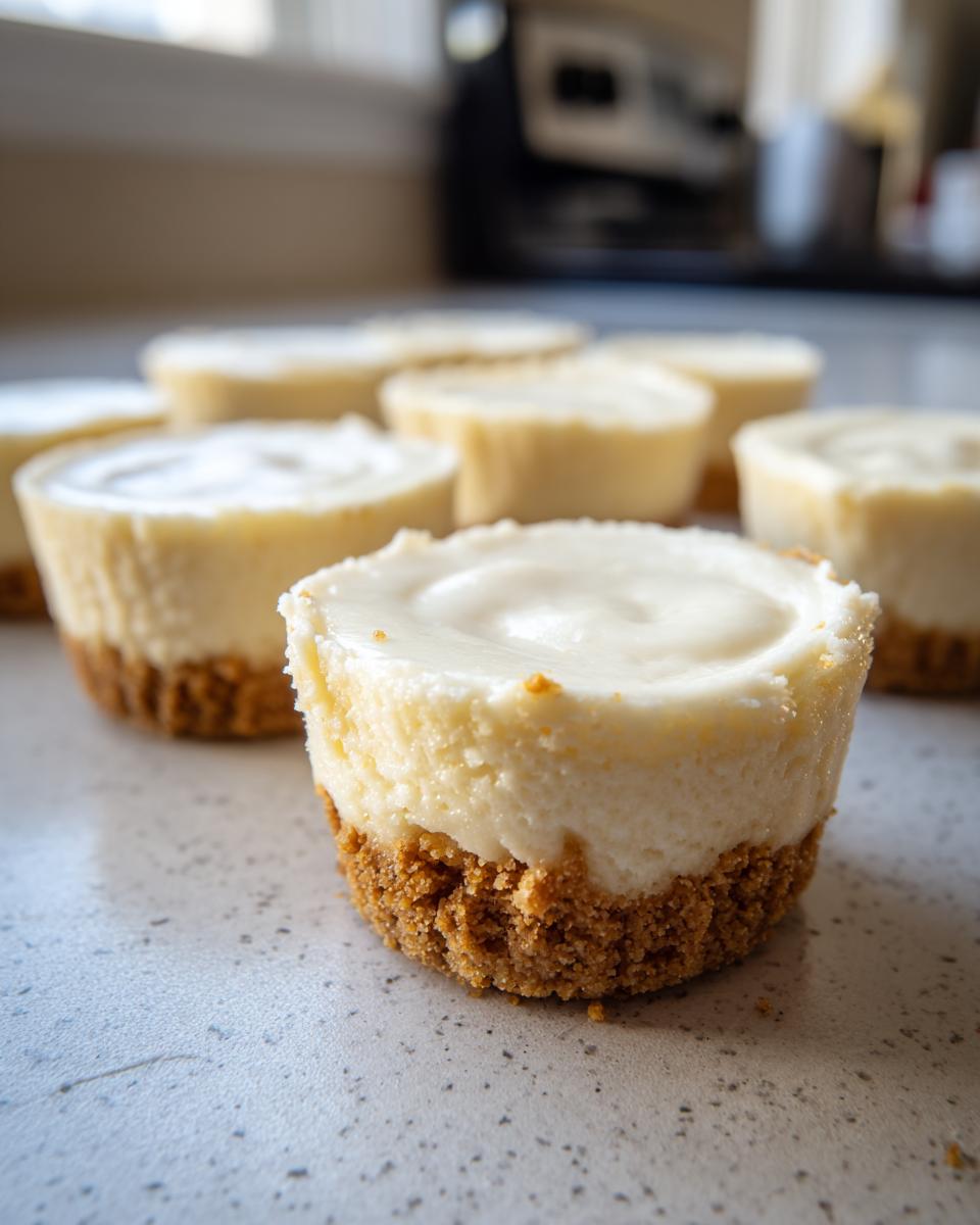 Close-up of several mini cheesecake bites with a graham cracker crust and creamy filling.