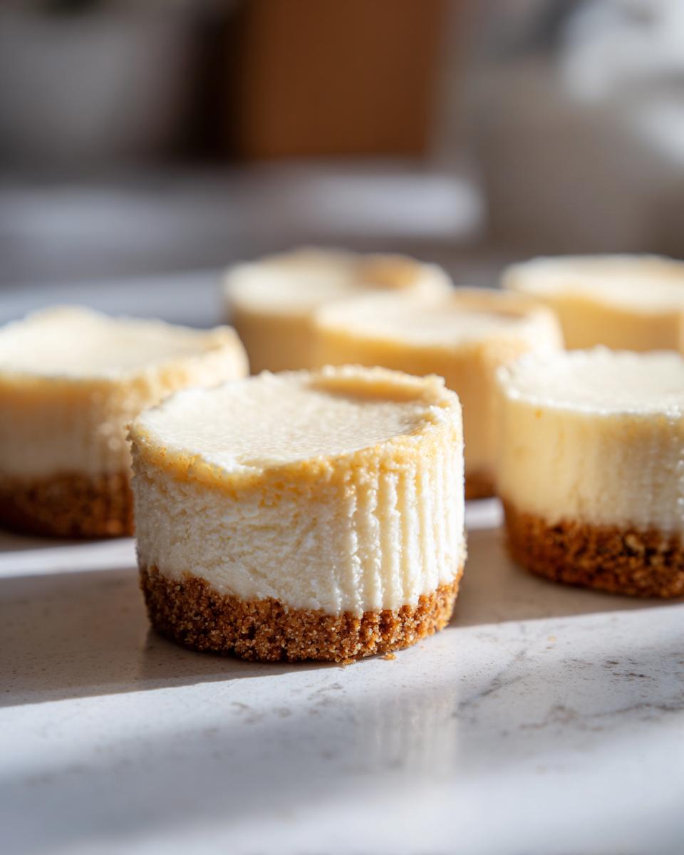 Close-up of several Mini Cheesecake Bites with a graham cracker crust, perfect for a party dessert.