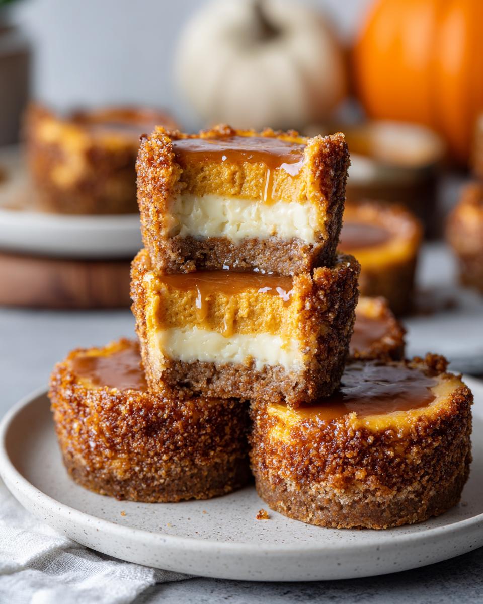 A stack of Mini Pumpkin Cheesecakes with a creamy white layer and pumpkin layer, topped with caramel drizzle.