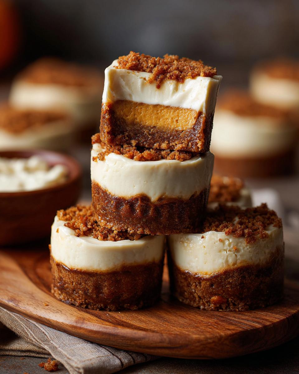 Stack of Mini Pumpkin Cheesecakes with a graham cracker crust and creamy topping, sprinkled with crumble.