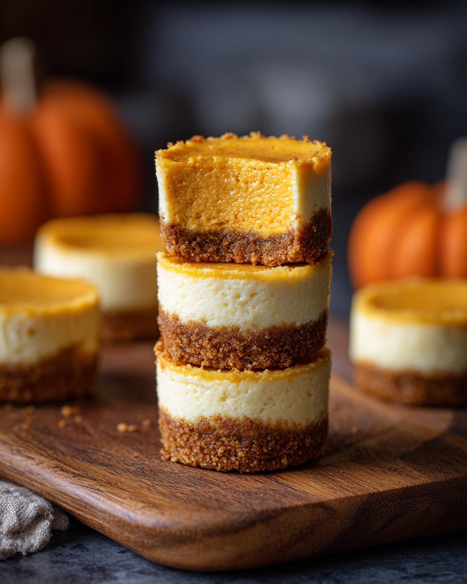 A stack of three Mini Pumpkin Cheesecakes on a wooden board, showcasing their graham cracker crust and creamy pumpkin filling.