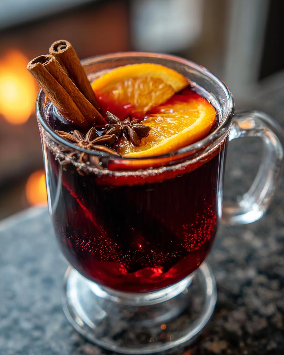A close-up of a glass of warm Mulled Wine (Glögg) garnished with orange slices, cinnamon sticks, and star anise, with a fireplace in the background.