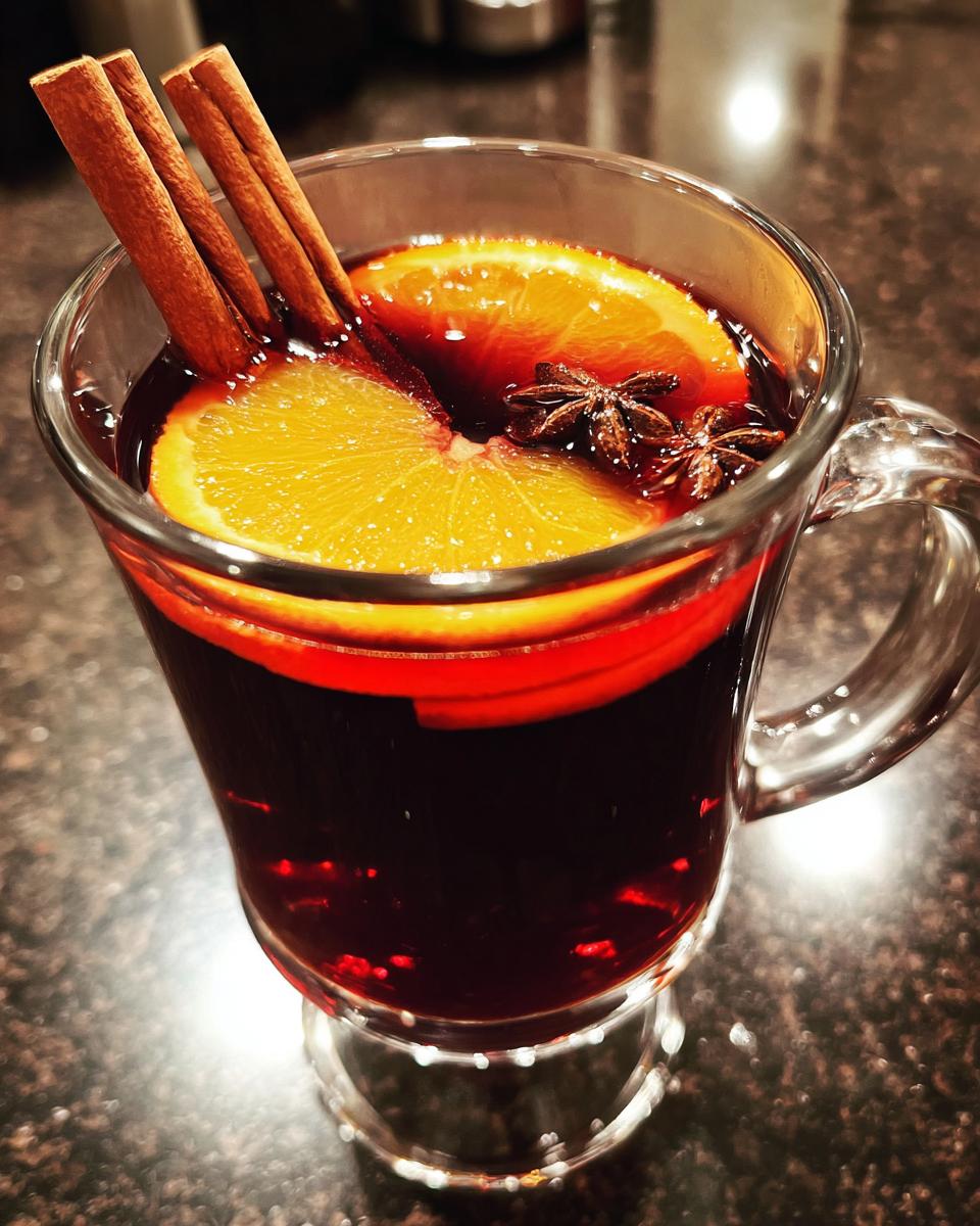A close-up of a glass mug filled with warm Mulled Wine (Glögg), garnished with orange slices, cinnamon sticks, and star anise.