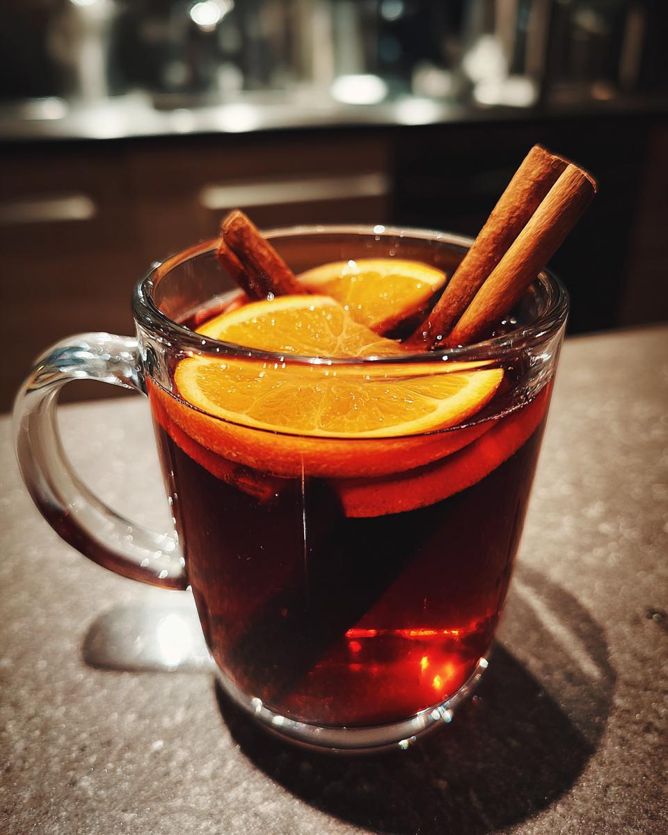 A clear glass mug filled with warm Mulled Wine (Glögg), garnished with orange slices and cinnamon sticks.