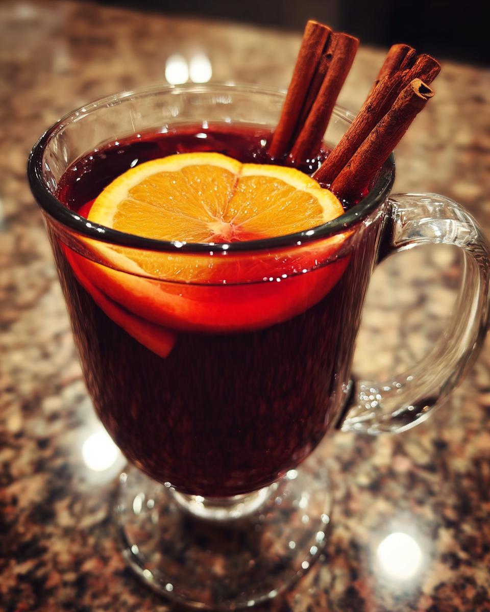 A festive glass of Mulled Wine (Glögg) garnished with a slice of orange and cinnamon sticks.