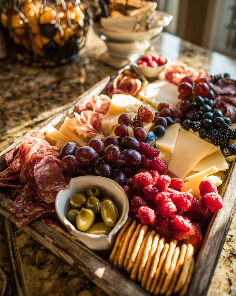 A festive New Year's Eve charcuterie board filled with grapes, raspberries, blueberries, salami, cheese, olives, and crackers.