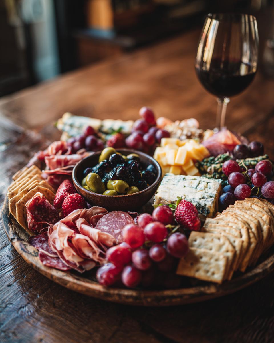 A festive New Year's Eve charcuterie board featuring an assortment of cheeses, cured meats, grapes, strawberries, olives, and crackers.