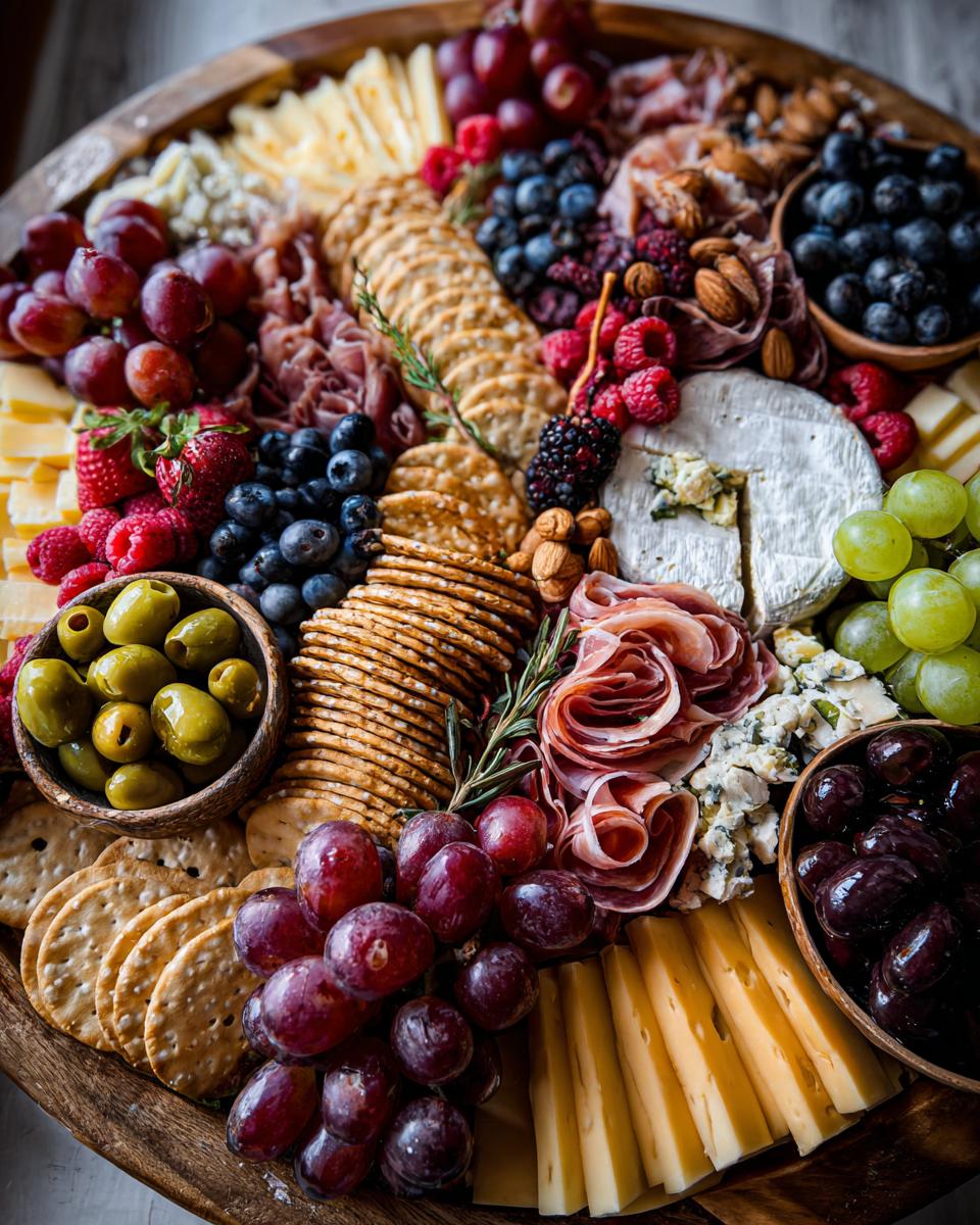 A festive New Year's Eve charcuterie board overflowing with grapes, berries, olives, crackers, meats, and cheeses.