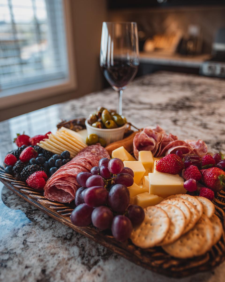 A festive New Year's Eve charcuterie board featuring cheese, salami, berries, grapes, olives, crackers, and a glass of red wine.