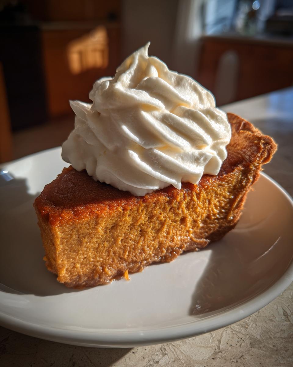 A slice of old-fashioned pumpkin pie topped with a swirl of spiced whipped cream on a white plate.