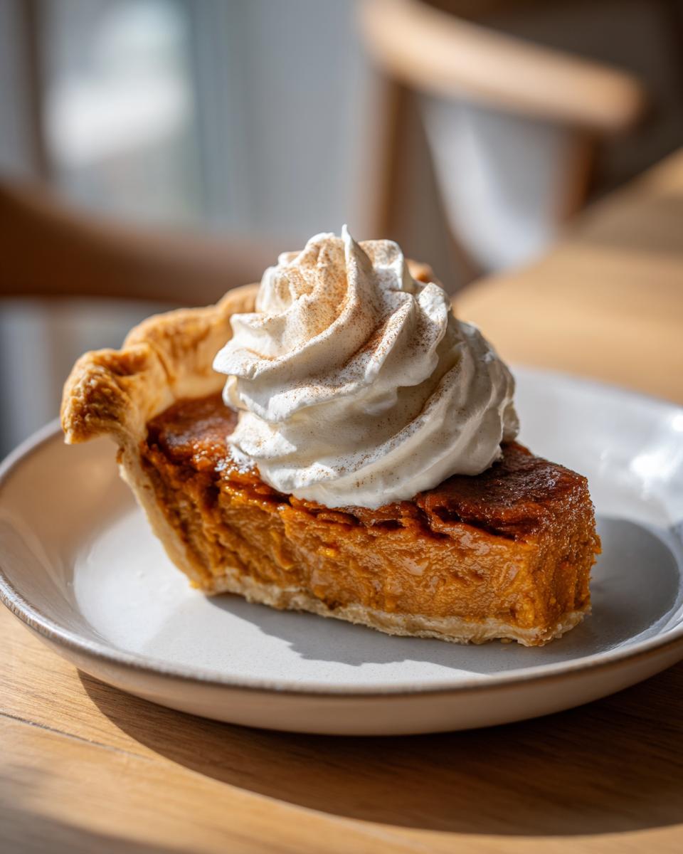 A delicious slice of Old-Fashioned Pumpkin Pie topped with spiced whipped cream on a plate.