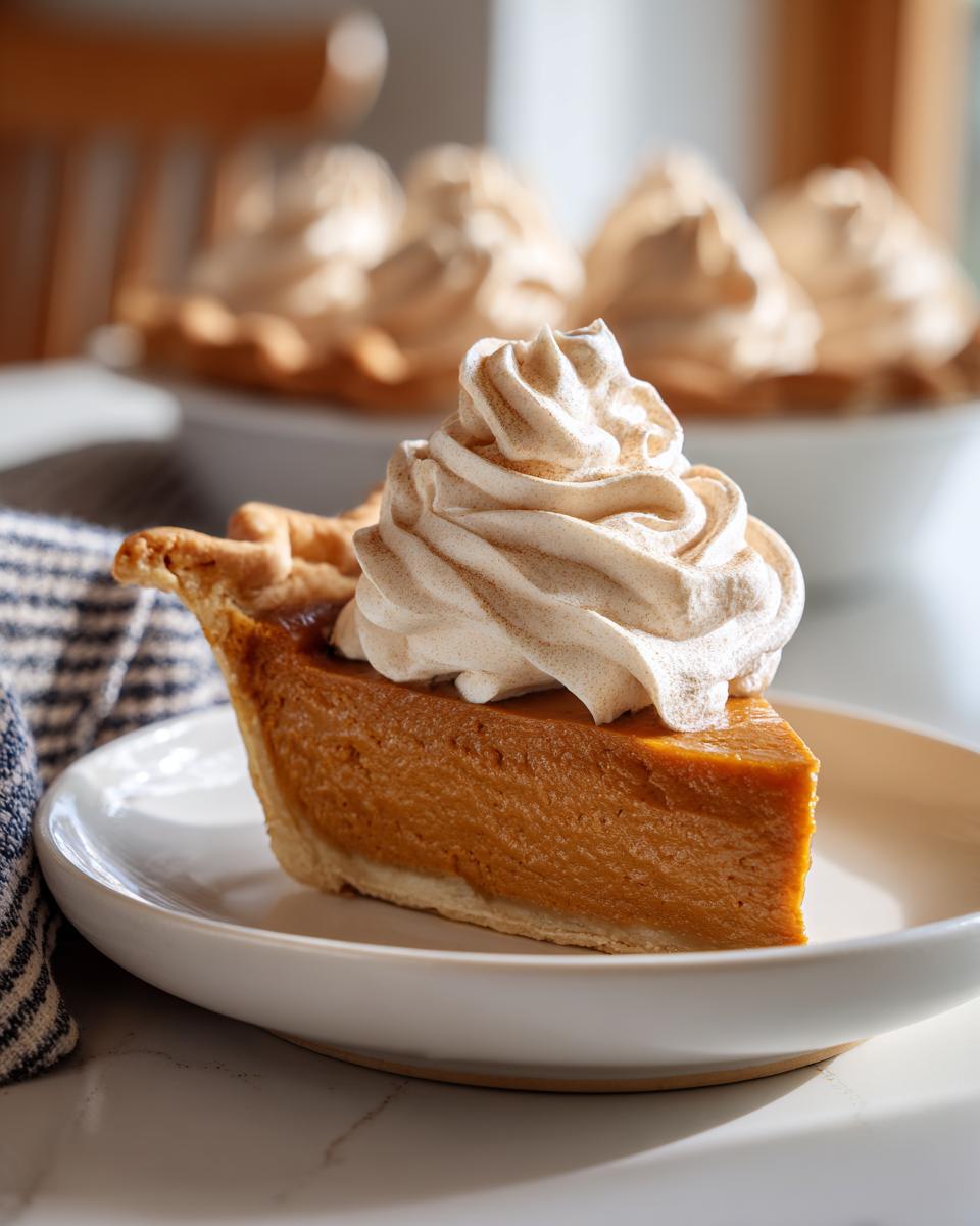 A slice of Old-Fashioned Pumpkin Pie topped with spiced whipped cream on a white plate.