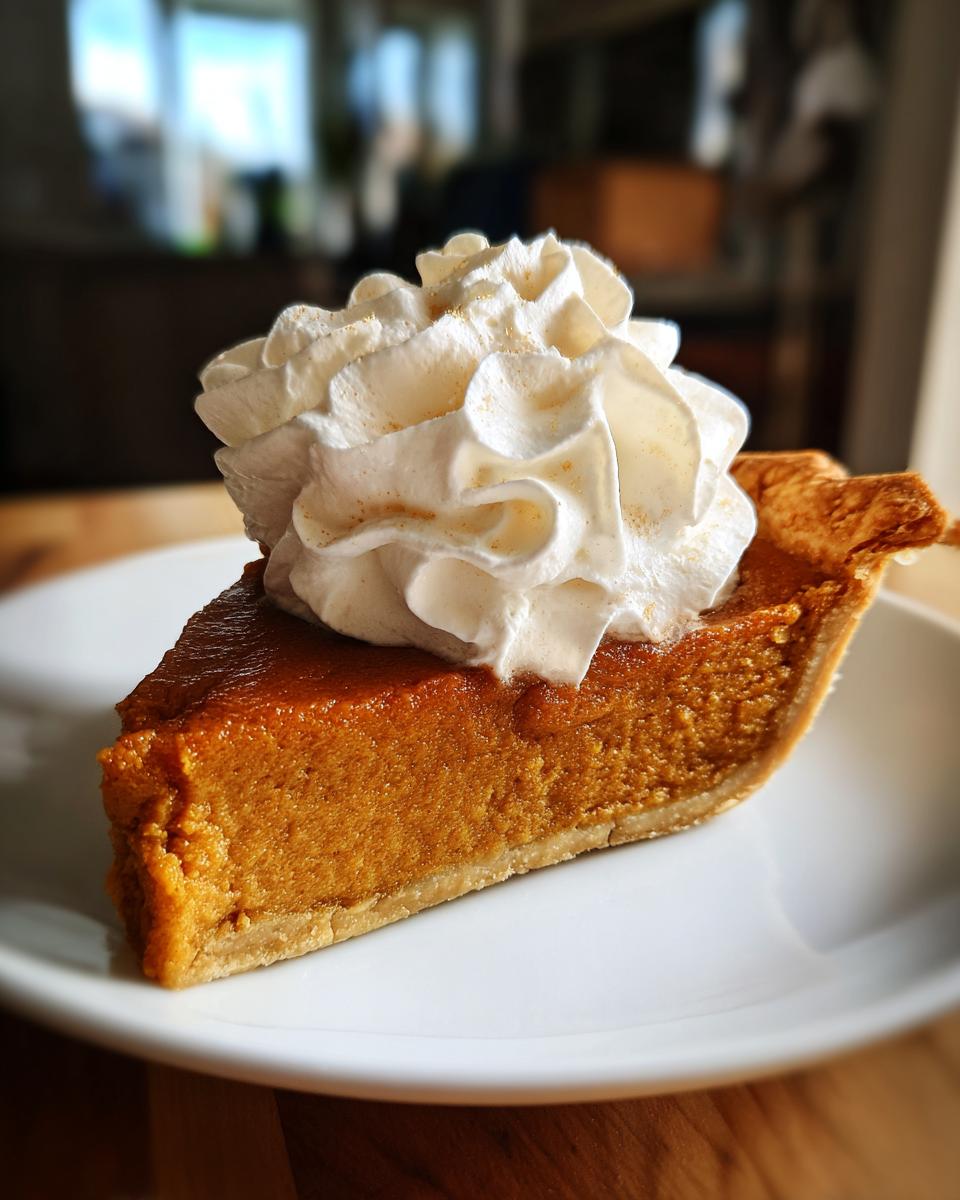 A perfect slice of Old-Fashioned Pumpkin Pie topped with a generous swirl of spiced whipped cream.