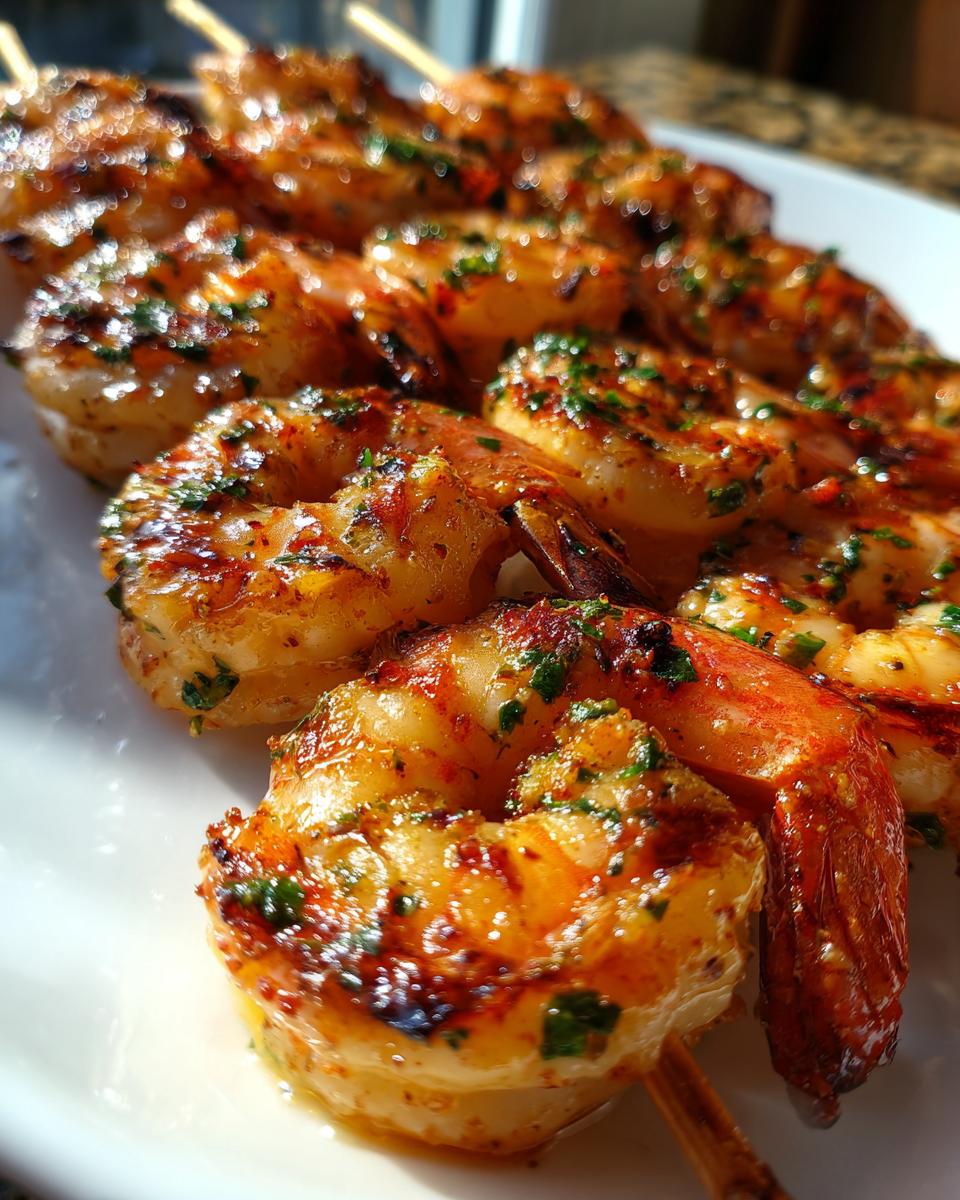 Close-up of juicy Parmesan Garlic Shrimp Skewers, grilled to perfection with herbs.
