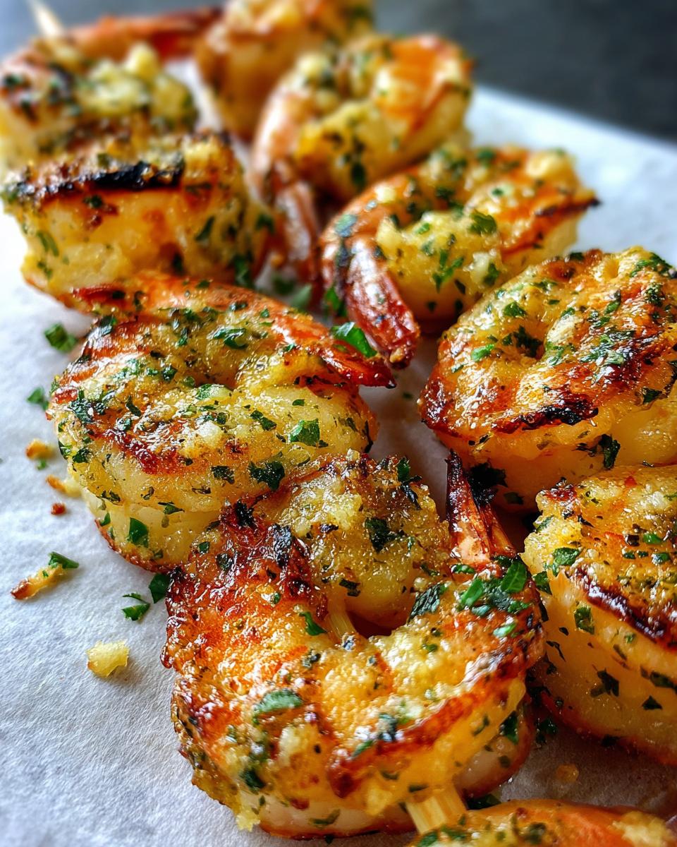 Close-up of golden-brown Parmesan Garlic Shrimp Skewers, seasoned with herbs and garlic.