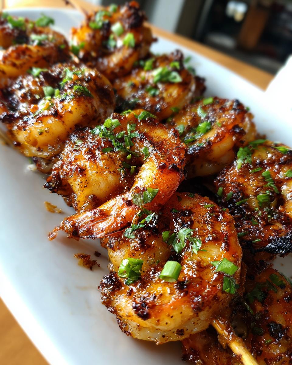Close-up of delicious Parmesan Garlic Shrimp Skewers, glistening with sauce and sprinkled with fresh green onions.