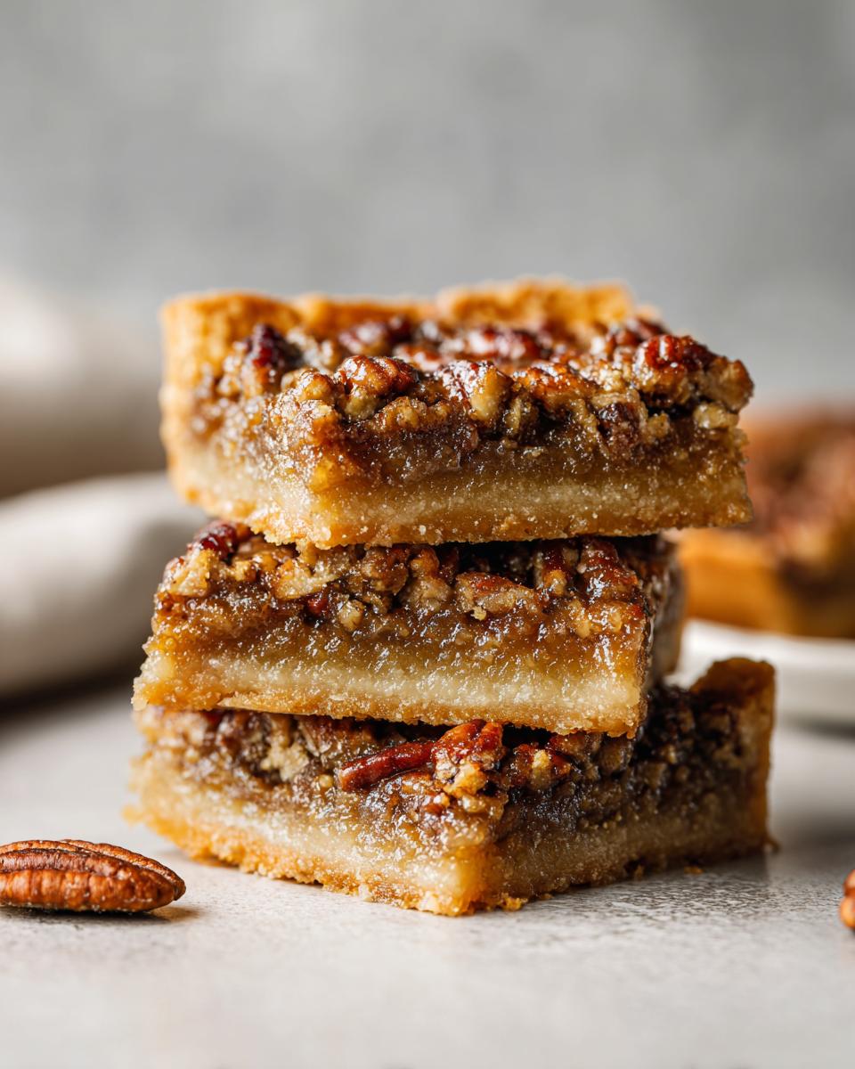 A stack of three delicious Pecan Pie Bars, showcasing the gooey filling and nutty topping.