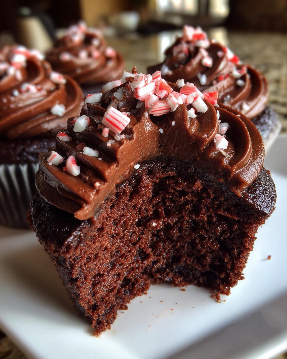 Close-up of a decadent Peppermint Mocha Cupcake with rich chocolate frosting and crushed candy canes, with a bite taken out.