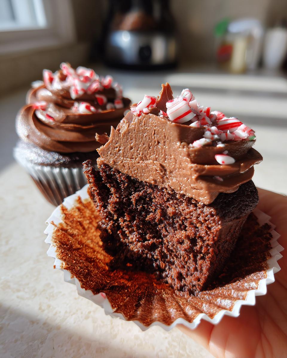 A close-up of a Peppermint Mocha Cupcake with rich chocolate frosting, topped with crushed candy canes. One cupcake is bitten into, revealing the moist chocolate cake.