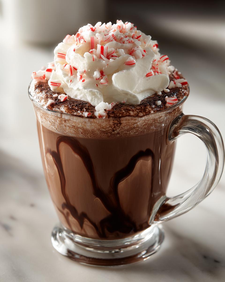 A festive Peppermint Mocha in a clear glass mug, topped with whipped cream and crushed candy canes.