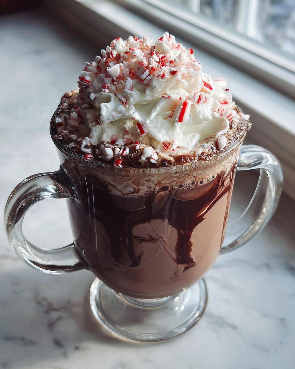 A festive Peppermint Mocha topped with whipped cream and crushed candy canes in a clear glass mug.