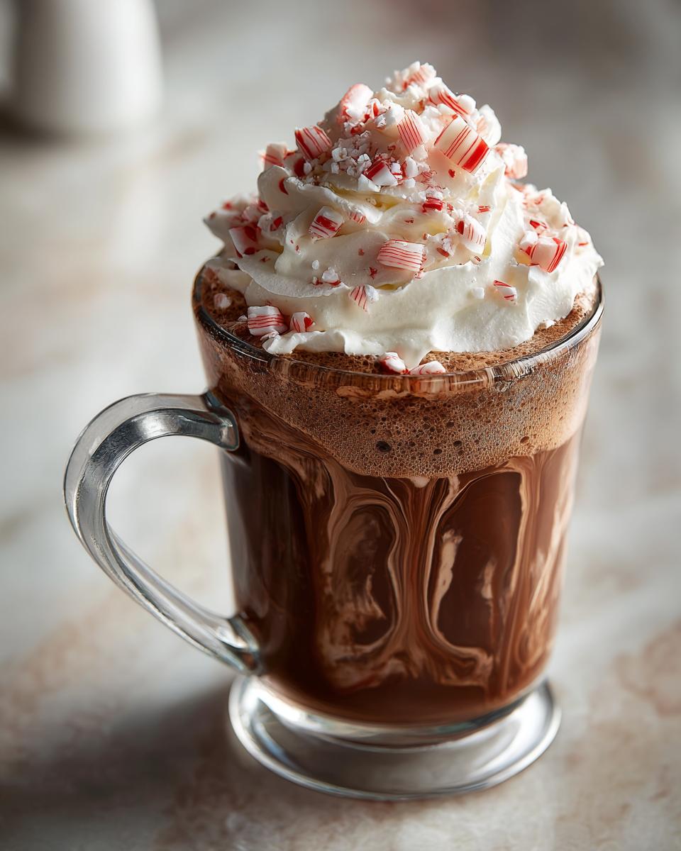 A festive Peppermint Mocha topped with whipped cream and crushed candy canes in a clear mug.