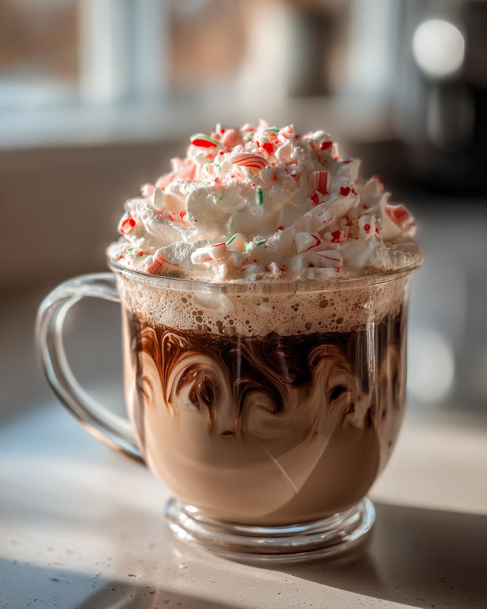 A festive Peppermint Mocha topped with whipped cream and crushed candy canes in a clear glass mug.