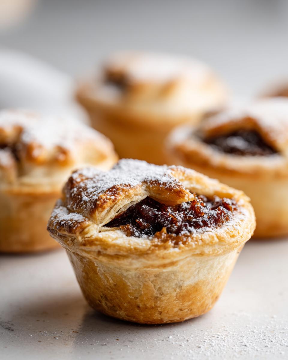 Close-up of a perfect mince pie, dusted with powdered sugar, with more mince pies in the background.