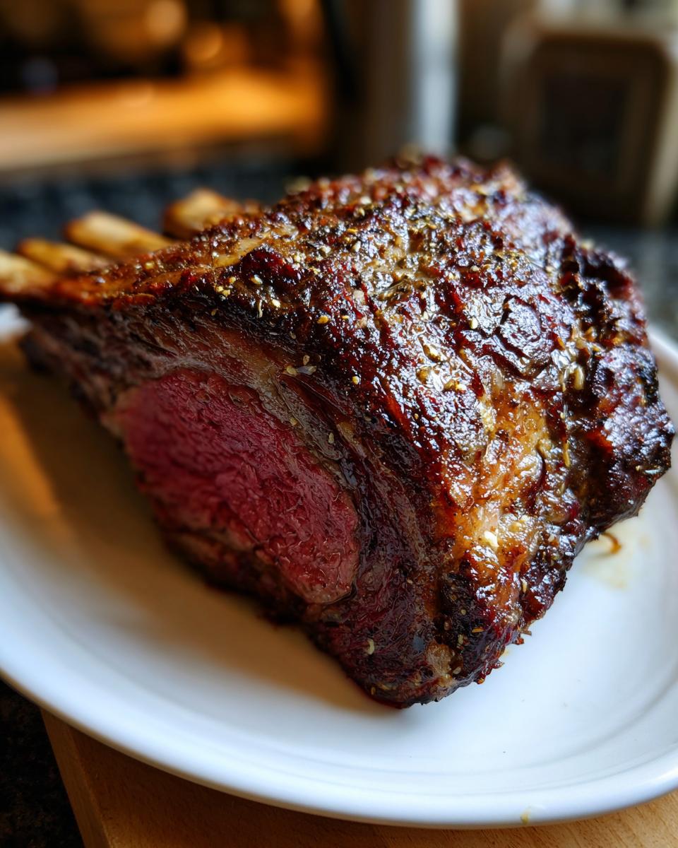 A beautifully roasted Prime Rib (Standing Rib Roast) with a deep brown crust and juicy pink interior, seasoned with herbs.