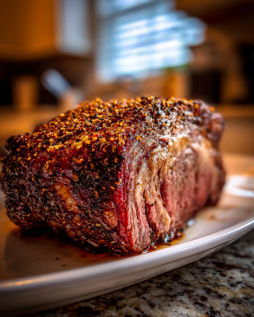 A close-up of a juicy, perfectly roasted Prime Rib (Standing Rib Roast) with a flavorful, seasoned crust.