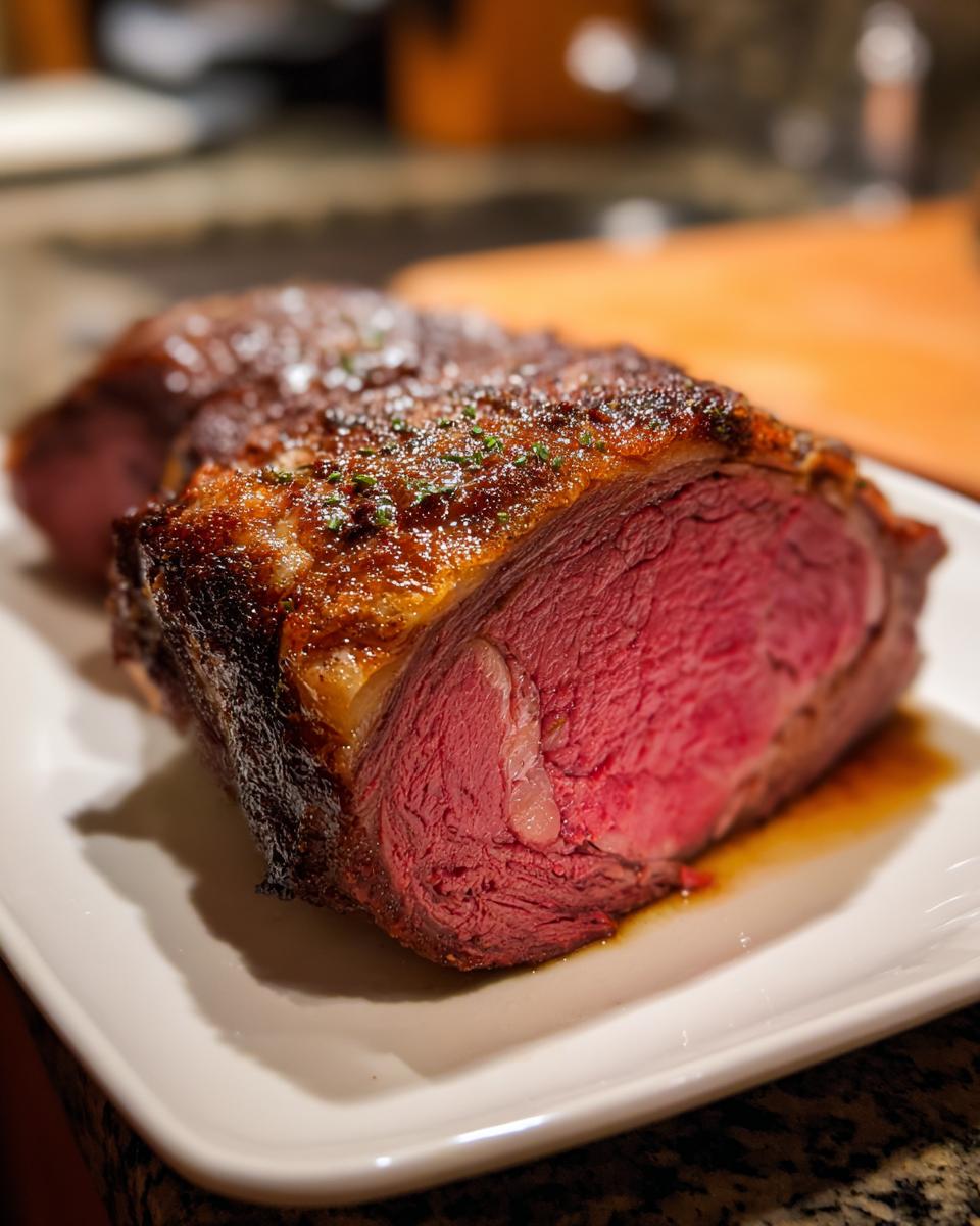 A juicy, perfectly cooked Prime Rib (Standing Rib Roast) with a golden-brown crust, sliced to reveal a vibrant pink interior.