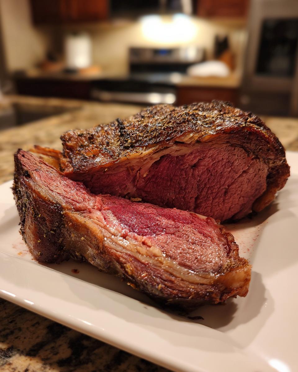 A beautifully roasted Prime Rib (Standing Rib Roast) sliced on a white plate, showcasing its juicy pink interior and crispy crust.