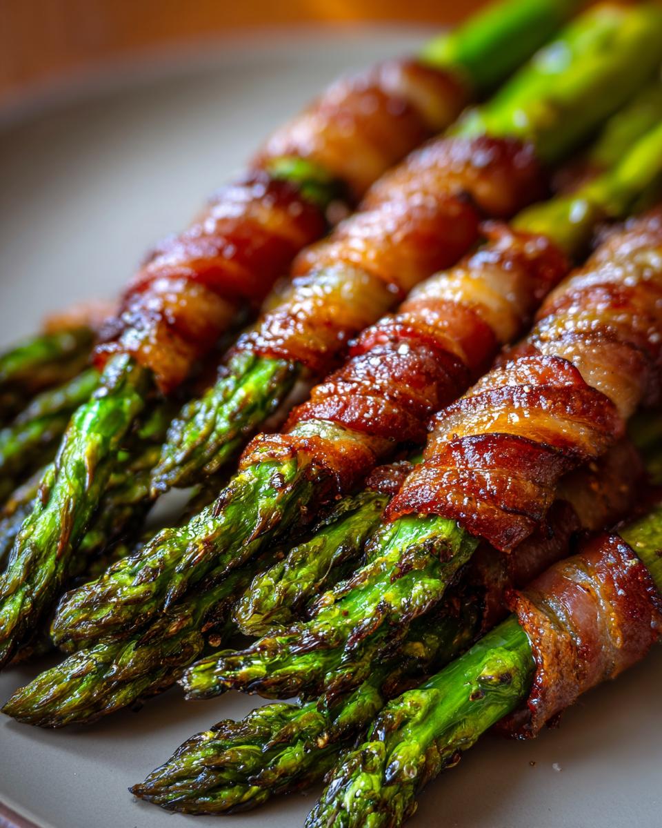 Close-up of perfectly cooked prosciutto-wrapped asparagus spears on a plate, with crispy bacon and vibrant green asparagus.
