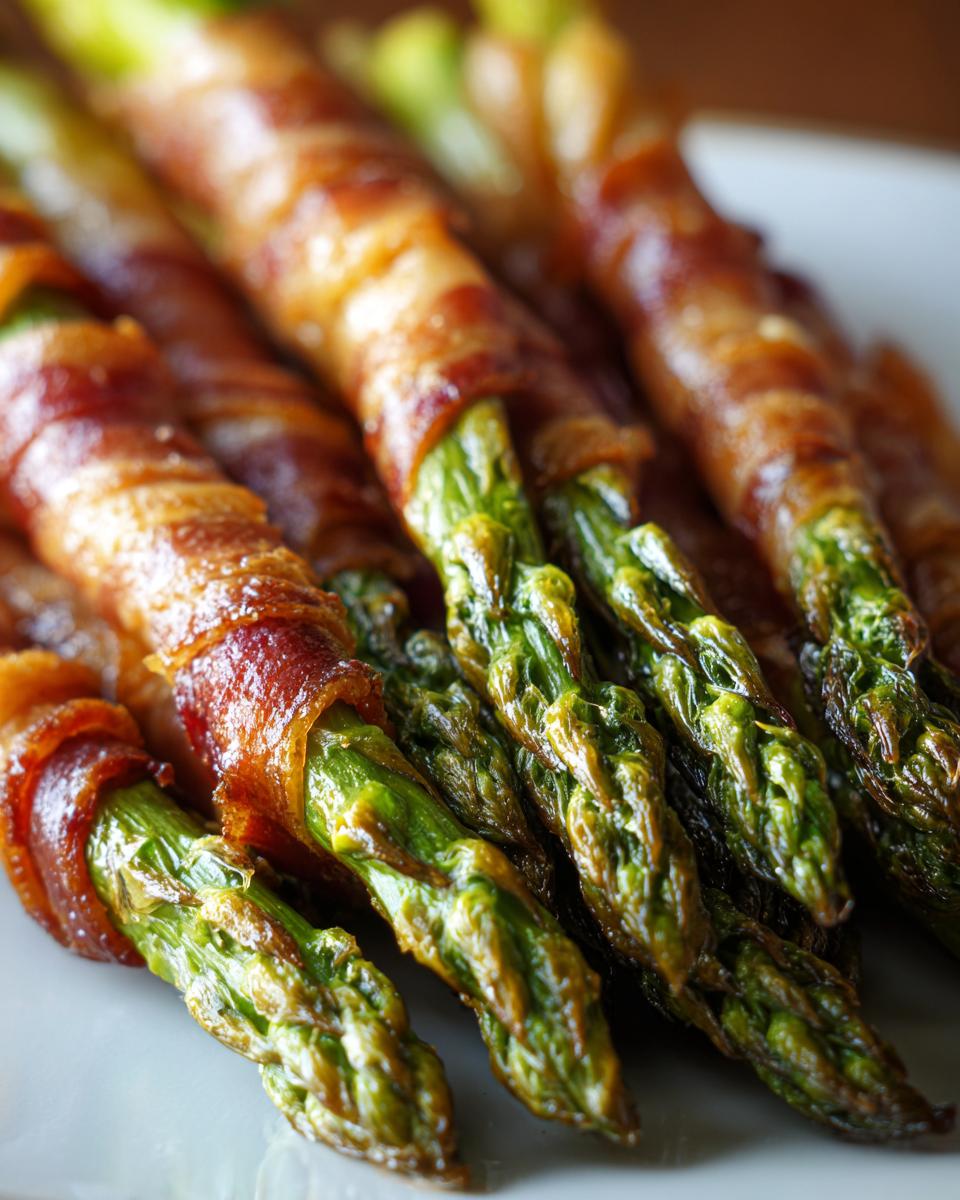 Close-up of perfectly cooked Prosciutto-Wrapped Asparagus Spears on a white plate, showing crispy bacon and tender green asparagus.
