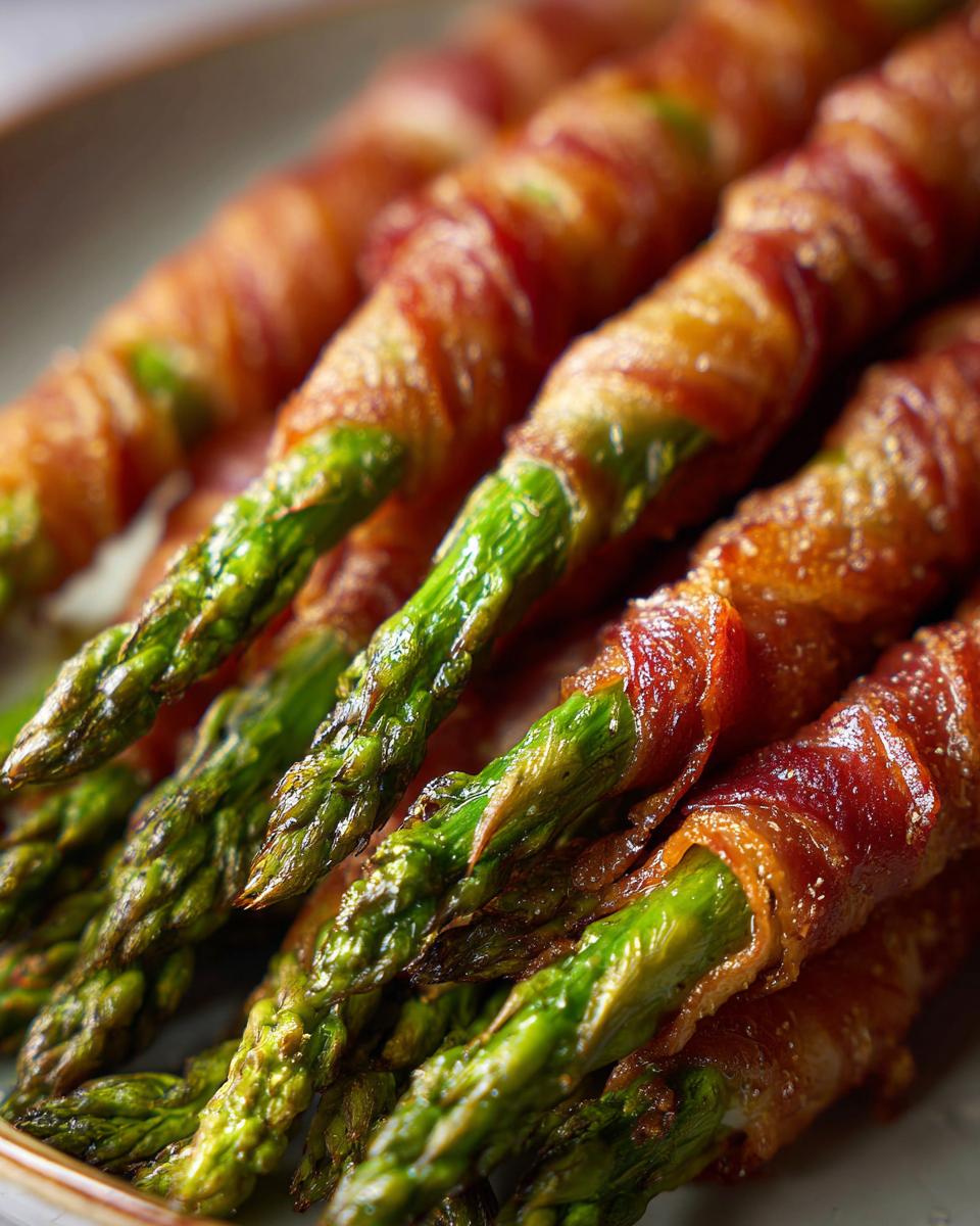 Close-up of delicious prosciutto-wrapped asparagus spears, showing the crisp bacon and vibrant green asparagus.