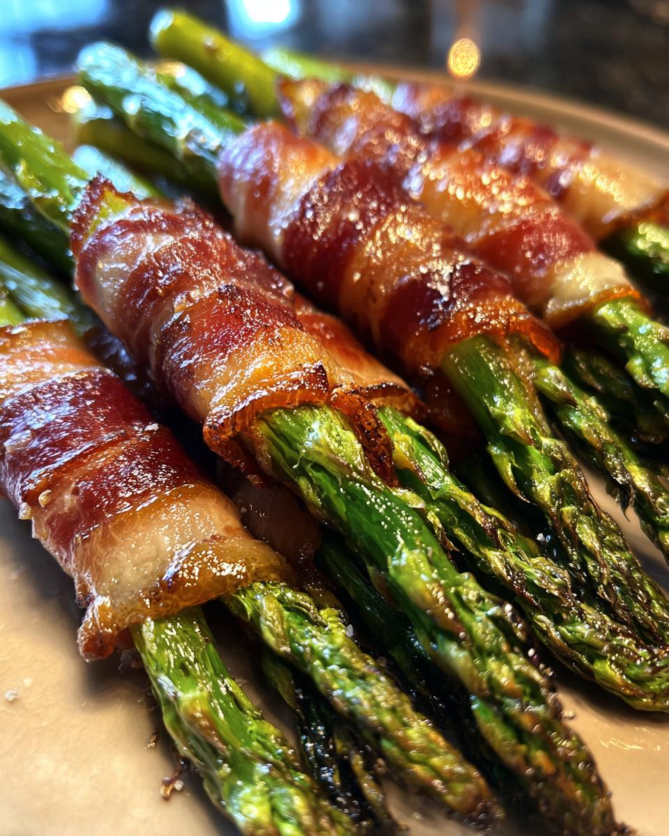 Close-up of delicious prosciutto-wrapped asparagus spears, perfectly cooked and glistening.