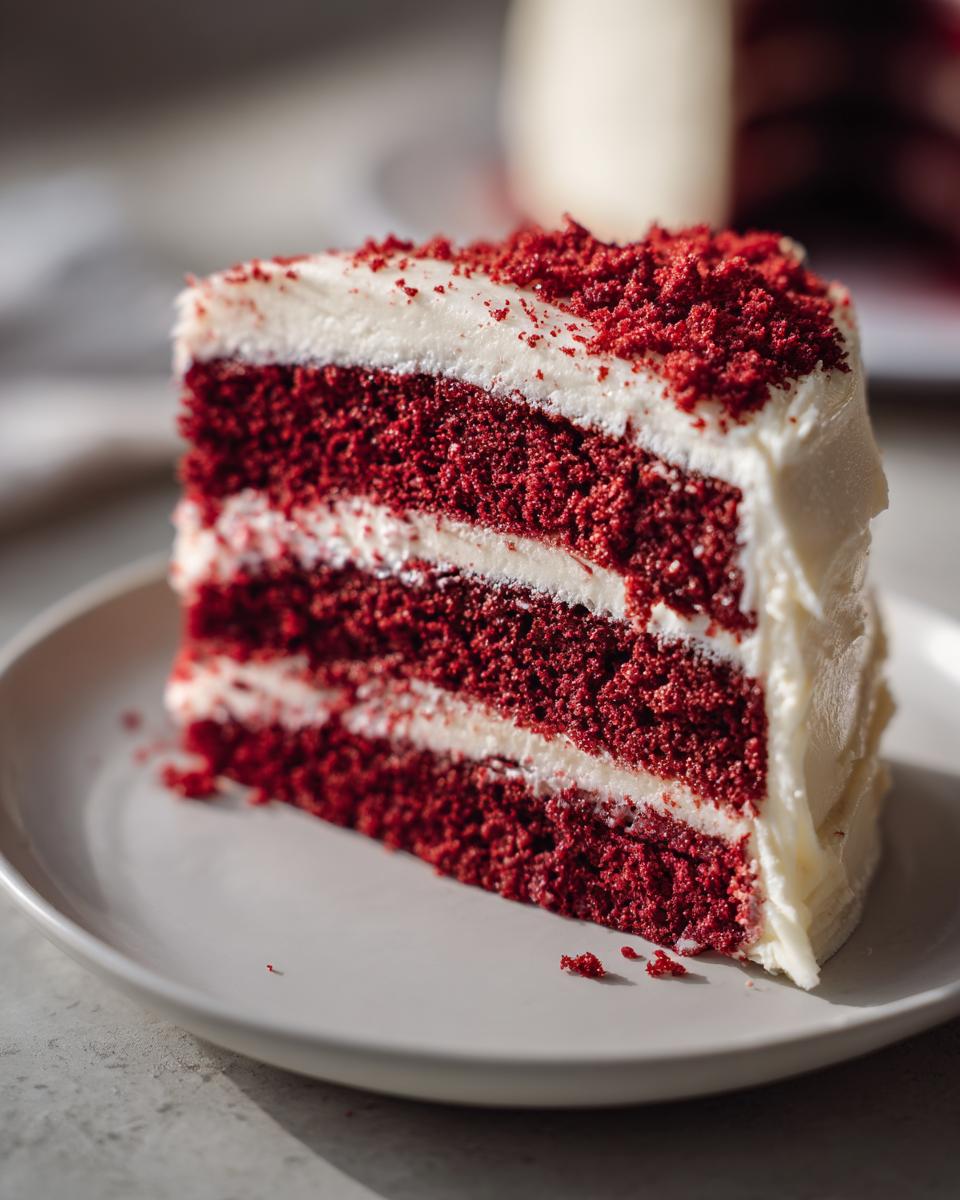 A moist slice of Red Velvet Cake with Cream Cheese Icing, featuring rich red layers and white frosting.