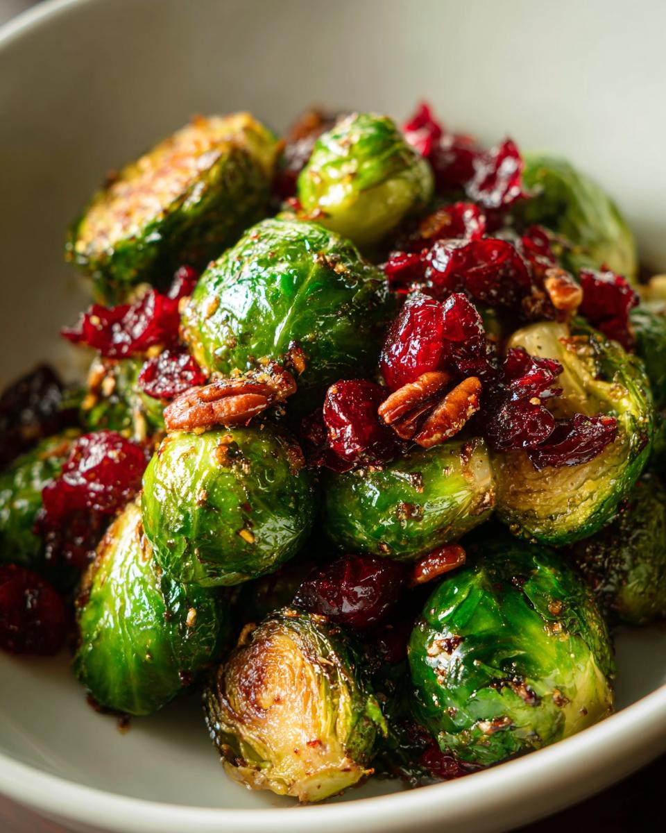 Close-up of roasted Brussels sprouts with dried cranberries and pecans in a bowl.