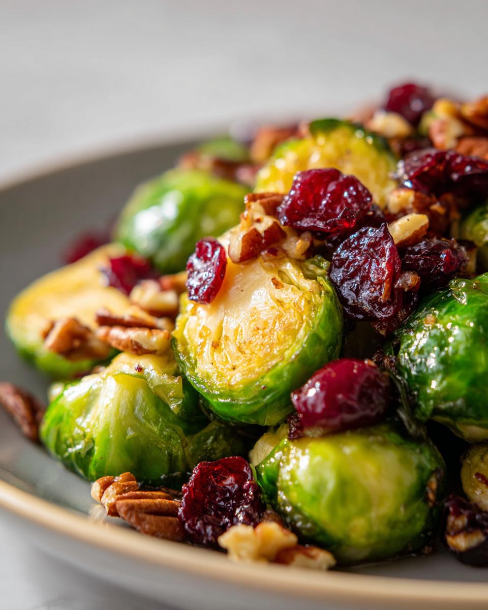 Close-up of roasted Brussels sprouts with dried cranberries and chopped pecans on a gray plate.
