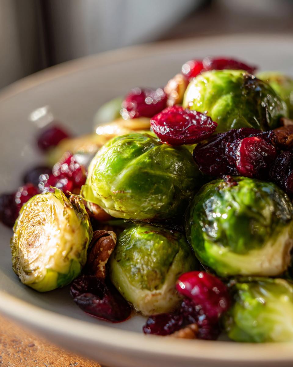 Close-up of roasted Brussels sprouts with dried cranberries and pecans in a bowl.