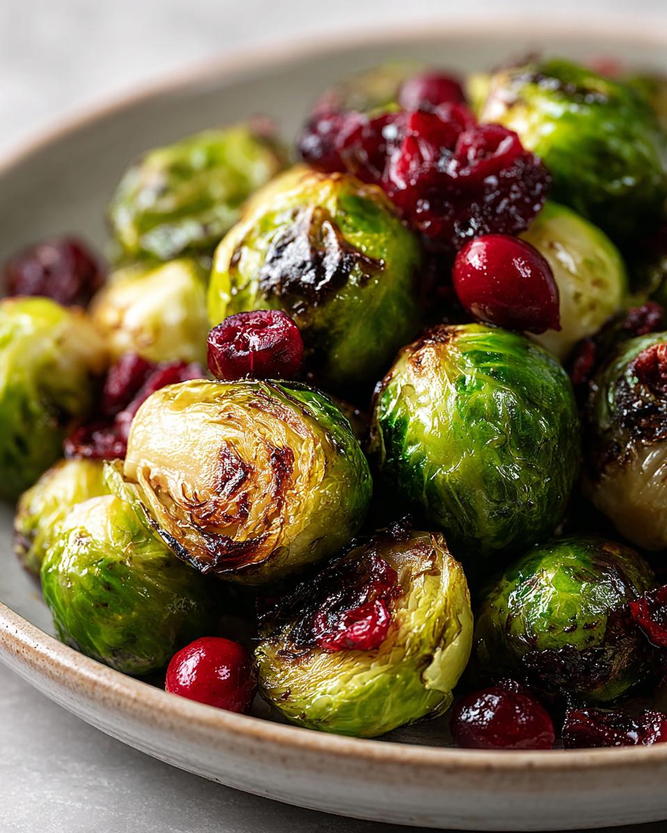 Close-up of roasted Brussels sprouts with cranberries, showing caramelized edges and glossy finish.