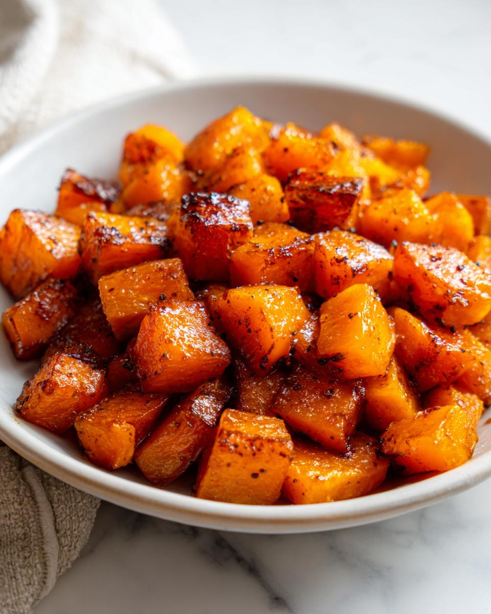 Close-up of tender, caramelized Roasted Butternut Squash with Maple & Cinnamon in a white bowl.
